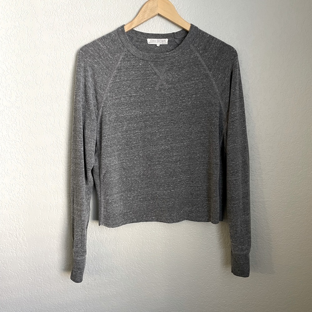 Joah Brown Cropped Raglan Heather Grey Long Sleeve Pullover Sweatshirt Tee
